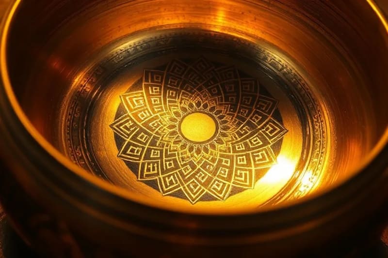 Tibetan singing bowl reflecting light and harmonic vibrations