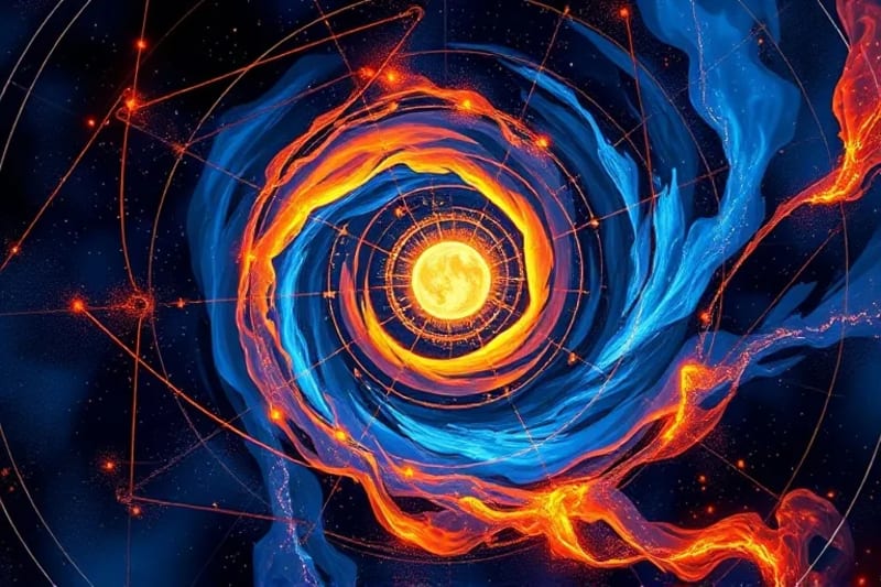 Vortex abstracto de energías cósmicas en tonos índigo, naranja y azul eléctrico, representando tránsitos planetarios.