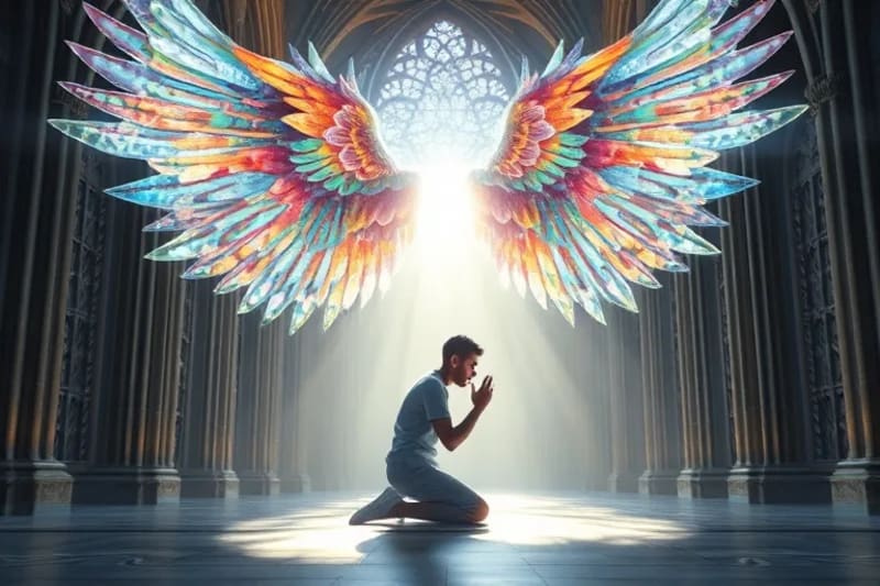 Ángel majestuoso con alas iridiscentes extendiendo la mano hacia una persona arrodillada en oración, rodeada de auras protectoras.
