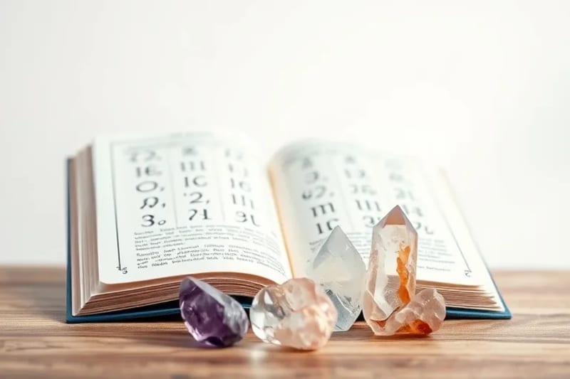 Libro antiguo de numerología con cristales curativos