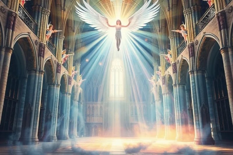 Ilustración surrealista en acuarela de una corte celestial con ángeles y santos, emanando luz que disuelve cadenas oscuras, simbolizando victoria espiritual.