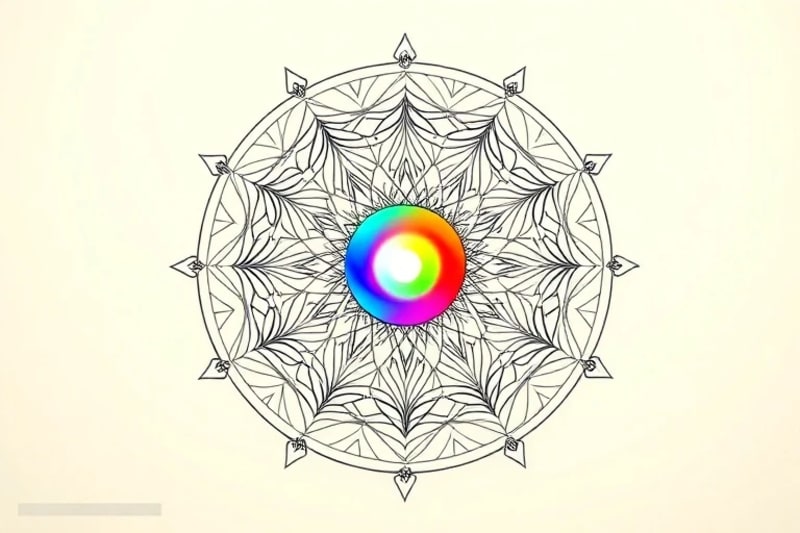 Patrones geométricos y esferas de luz que simbolizan chakras