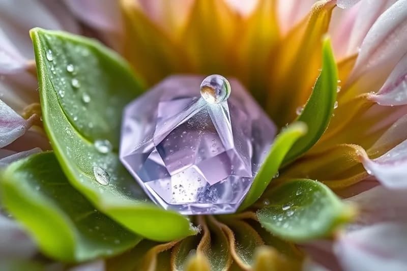 Macro shot of a crystal among green leaves and water drops