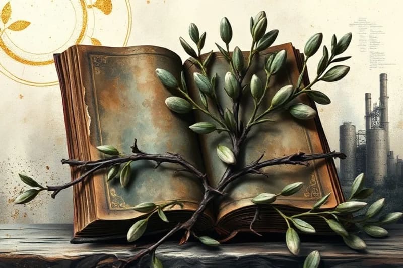 Libro antiguo con ramas espinosas y hojas de olivo