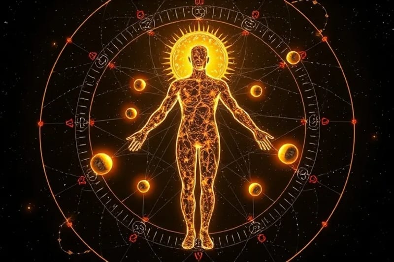 Silueta humana luminosa conectada a esferas celestes