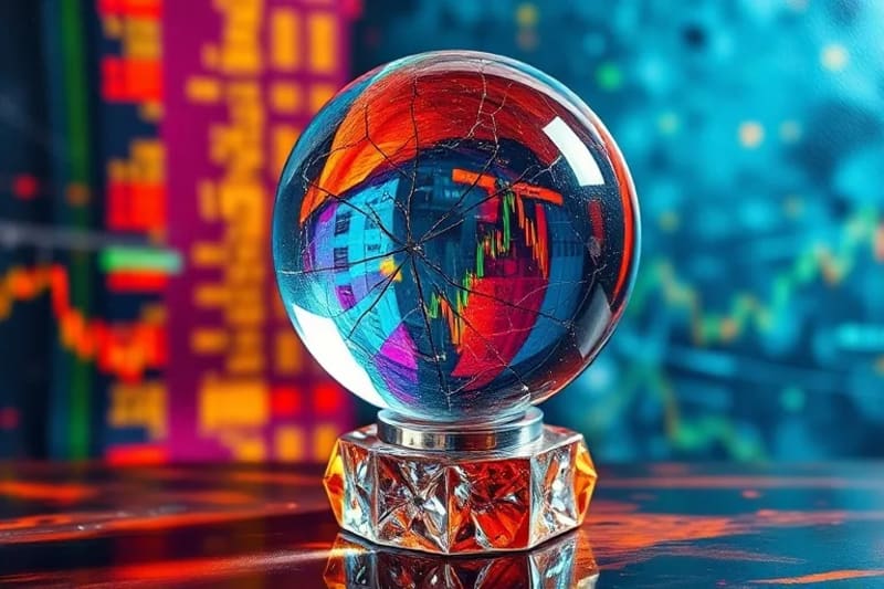Conceptual still-life of shattered glass and distorted market charts