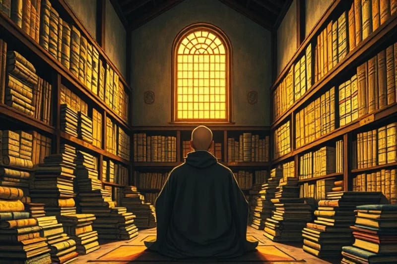 Monje contemplando en una biblioteca antigua
