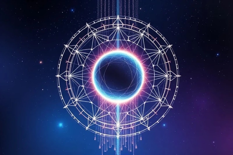 Representación abstracta de un sigilo transformándose en luz y energía cósmica
