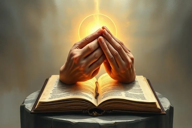 Manos en oración rodeadas de luz mística