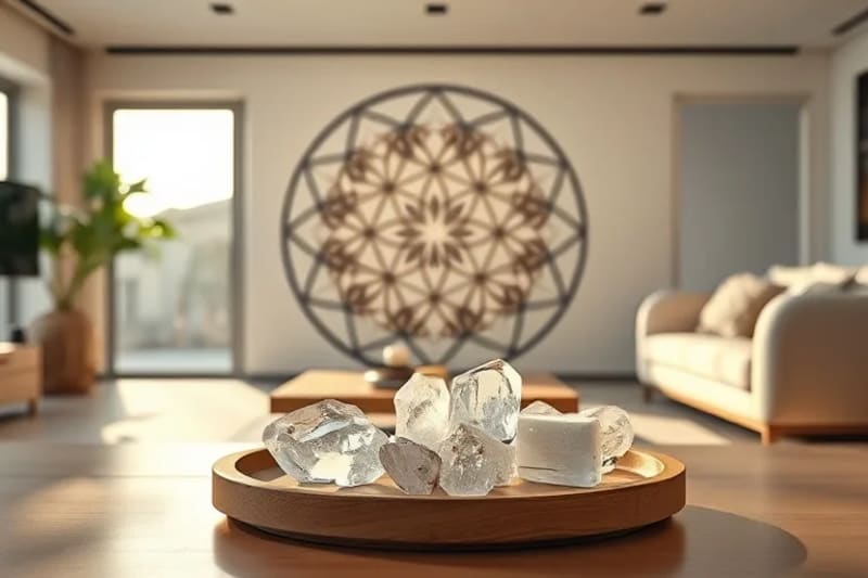 Sala de estar armoniosa con cristales y patrón de Geometría Sagrada