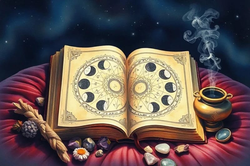 Open grimoire with glowing esoteric symbols, herbs, and crystals