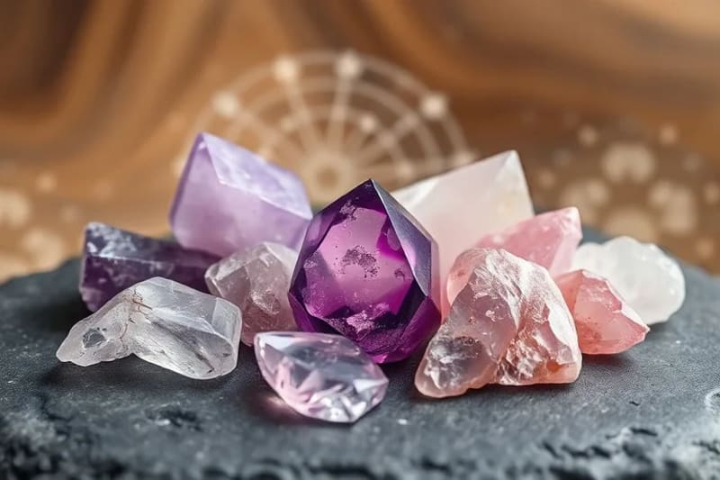 Variedad de cristales pulidos y en bruto en una composición armónica