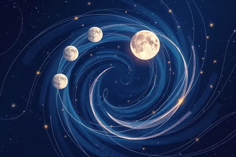 Abstract digital art of swirling cosmic energies and lunar phases