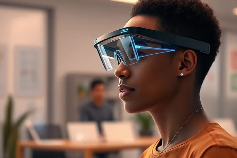 Persona con gafas de realidad aumentada practicando una conversación con un avatar virtual, mostrando indicadores de retroalimentación en tiempo real.