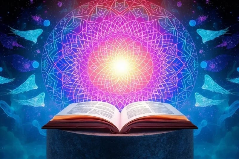 Arte digital de ondas sonoras y luz convergiendo en un patrón celestial