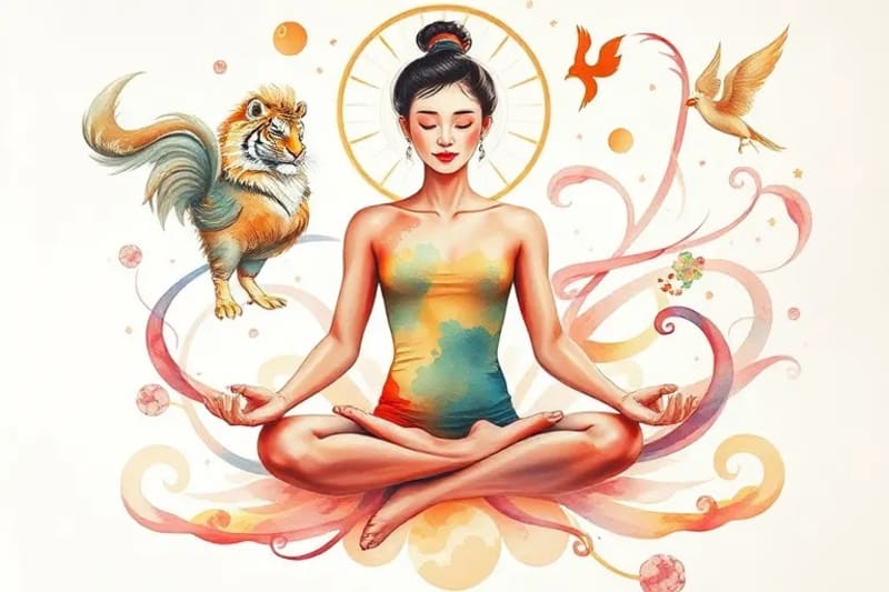 Watercolor illustration of a person meditating with energetic lines and abstract zodiac animal representations