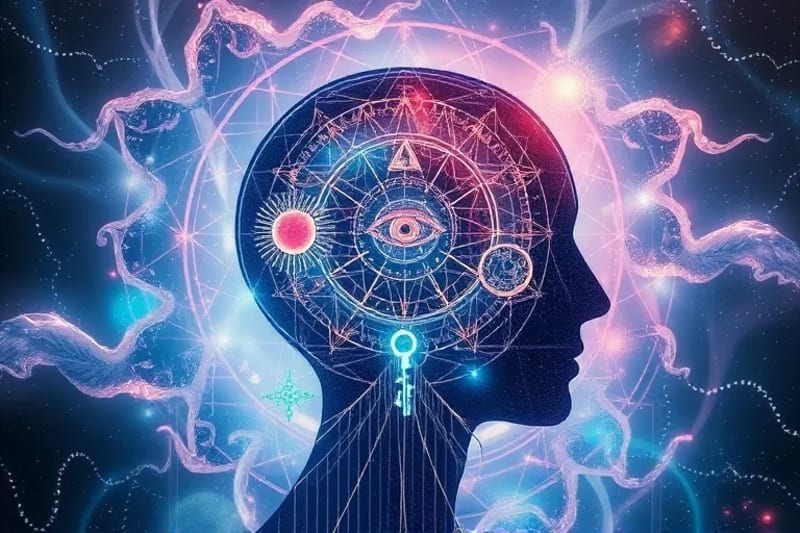 Una mente humana abstracta rodeada de símbolos oníricos flotantes, como ojos, llaves y laberintos, todos conectados por finas líneas de luz digital.
