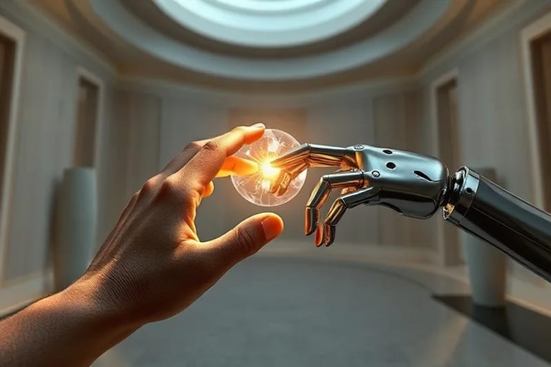 Una mano robótica y una mano humana entrelazadas sobre una esfera de energía brillante, simbolizando la colaboración entre la IA y la intuición humana en el esoterismo.