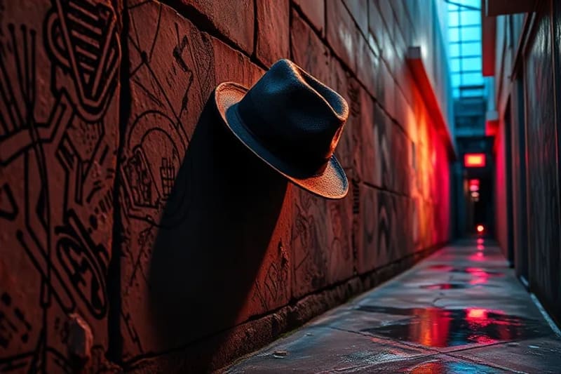 Abstract conceptual still life of a fedora hat on a graffiti-covered wall