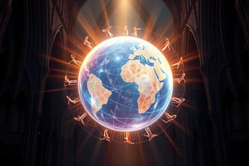 Representación abstracta de un globo con luces de intercesión y figuras etéreas de santos.