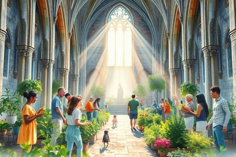 Ilustración acuarela de un jardín comunitario con personas diversas y la silueta etérea de un santo.
