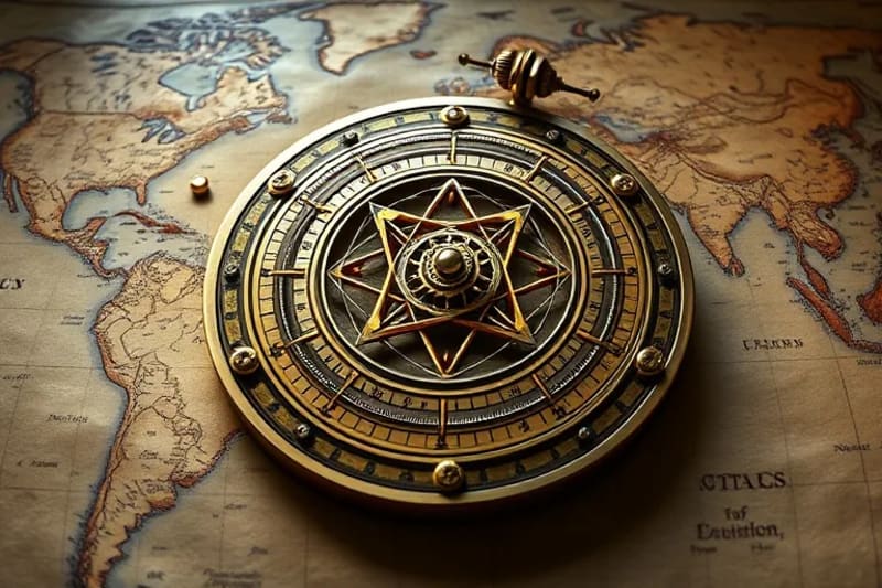 Antique astrolabe on a world map with glowing fixed star points