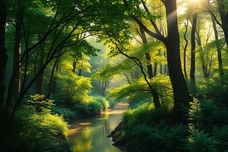 Virtual reality forest scene with subtle biometric overlay