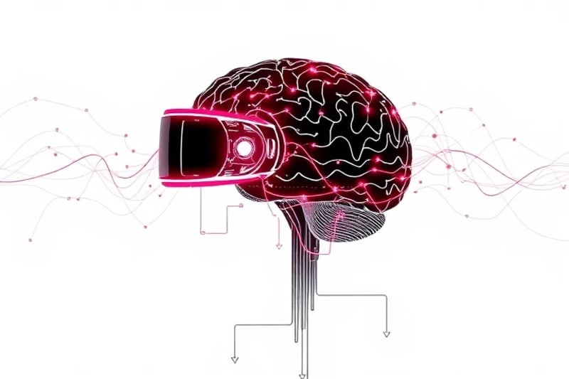 Abstract 3D render of brain activity and VR headset