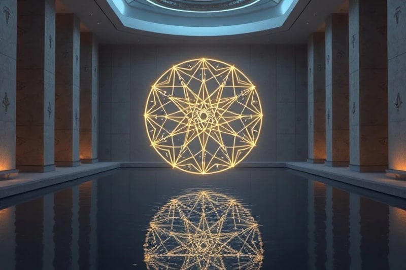 Mandala geométrico brillante con símbolos zodiacales flotando sobre agua
