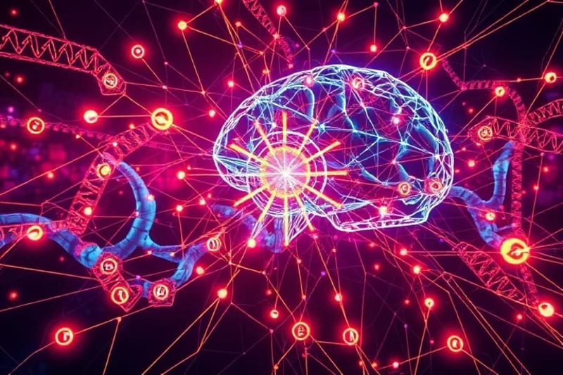 Mentes humanas interconectadas con patrones de IA, simbolizando la evolución tecnológica y la conciencia colectiva