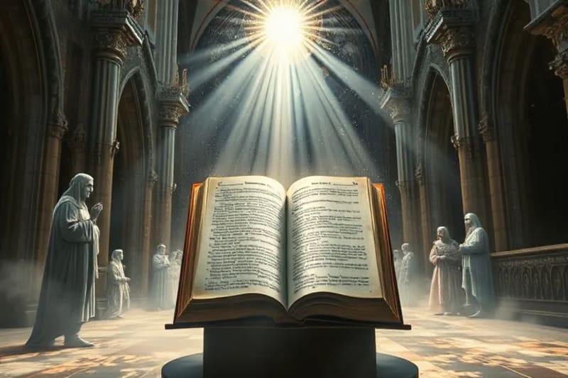 Libro antiguo abierto, con páginas que se transforman en código binario y circuitos, rodeado de figuras humanas observando