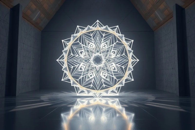 Intricate sacred geometric sculpture made of luminous crystals in a modern meditation space