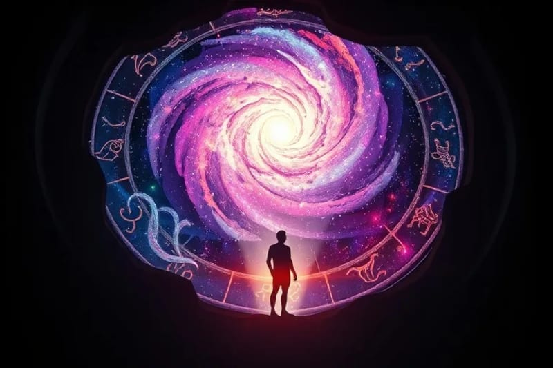 Representación etérea de la integración de la luz y la sombra con símbolos zodiacales y galaxias.