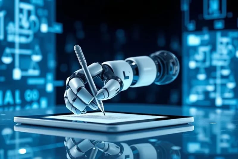 Robotic arm signing digital document, data streams in background