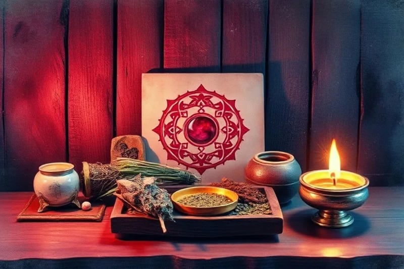 Bodegón de gemas, yantras y ofrendas védicas para rituales
