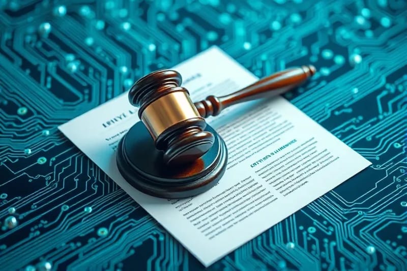 Balanza de la justicia digital con documentos legales y circuitos integrados, sobre un fondo neutro