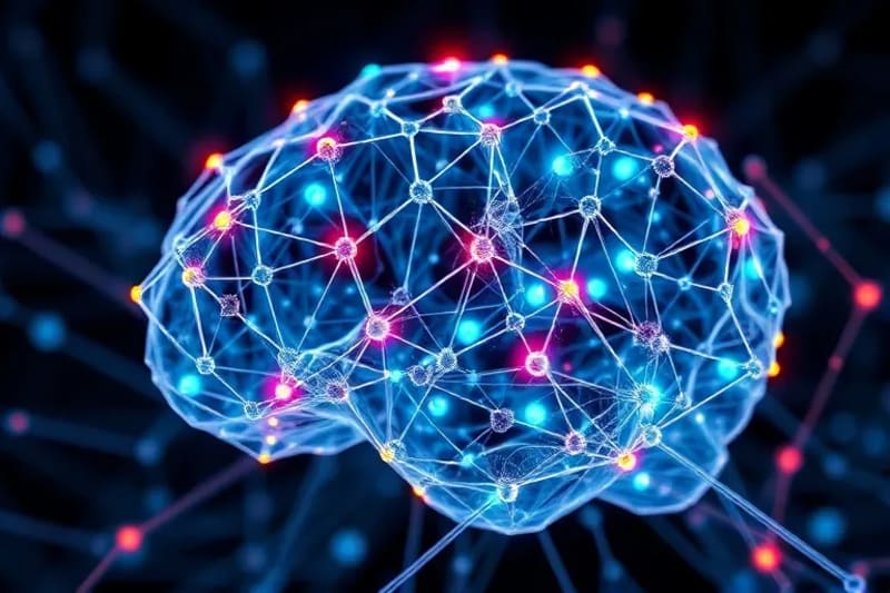 Red neuronal 3D interconectada con nodos de colores, representando algoritmos de IA y detección de sesgos