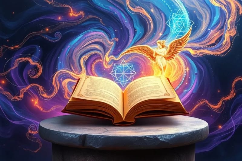 Representación abstracta de frecuencias sonoras transformándose en energía espiritual.
