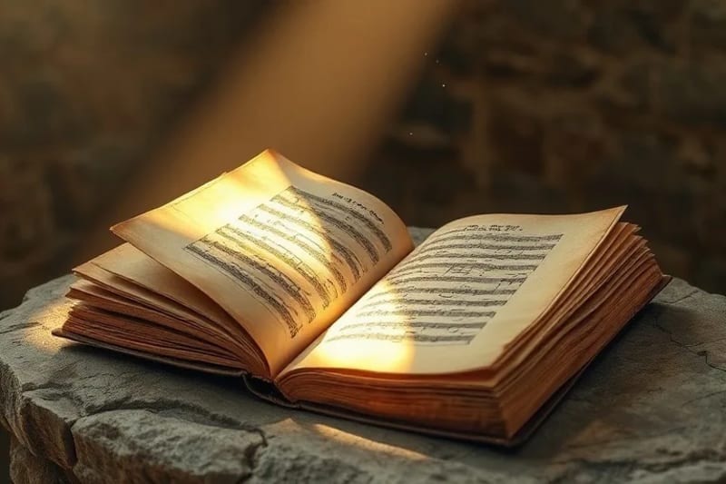 Antiguo libro de himnos abierto en un altar de piedra con luz divina.