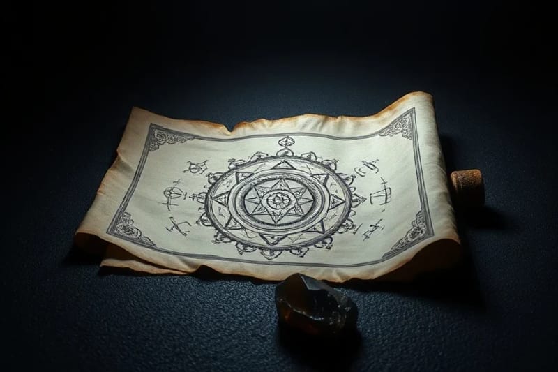 Ancient scroll with astrological symbols and a rough crystal, symbolizing hidden knowledge and karmic challenges