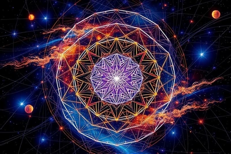 Abstract digital art showing swirling energetic lines and color gradients, representing karmic flow and soul evolution