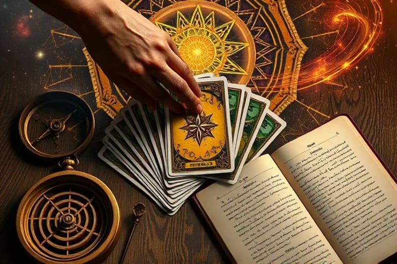 Mano eligiendo carta de tarot entre símbolos de elección.