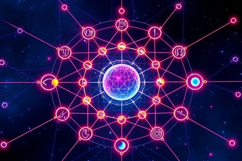 Red de formas geométricas y símbolos planetarios.