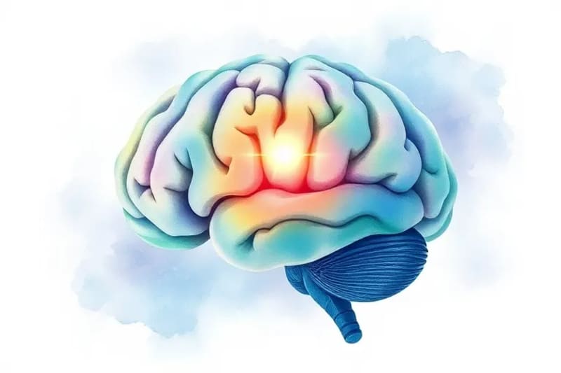 Pintura acuarela abstracta del cerebro humano con vías neuronales luminosas, simbolizando la plasticidad y el impacto de la plegaria