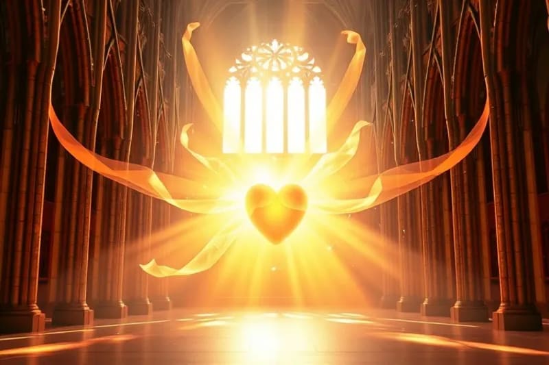 Render 3D conceptual de un corazón brillante interconectado con cintas translúcidas que simbolizan paz, gratitud y resiliencia, en un ambiente cálido
