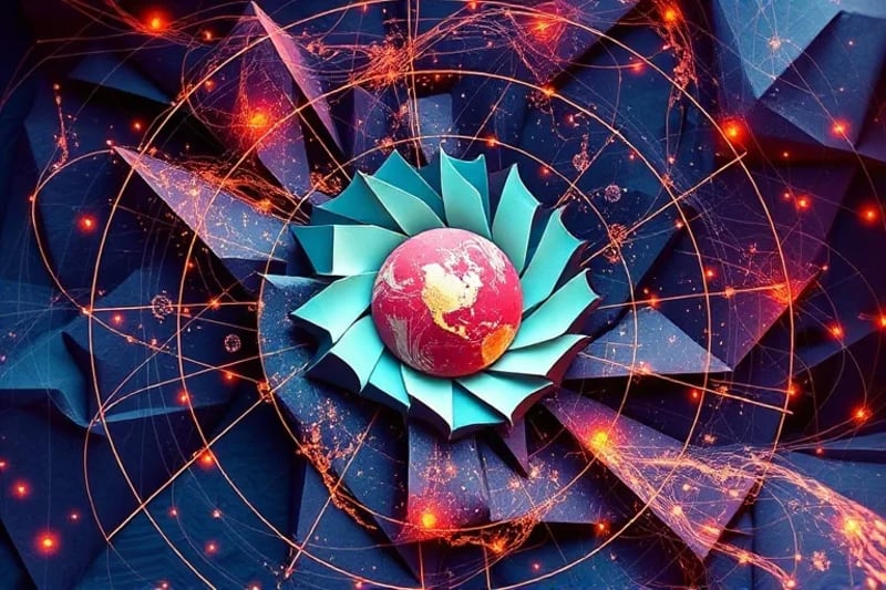 Dynamic abstract representation of planetary orbits and their energetic connections, glowing with cosmic light.