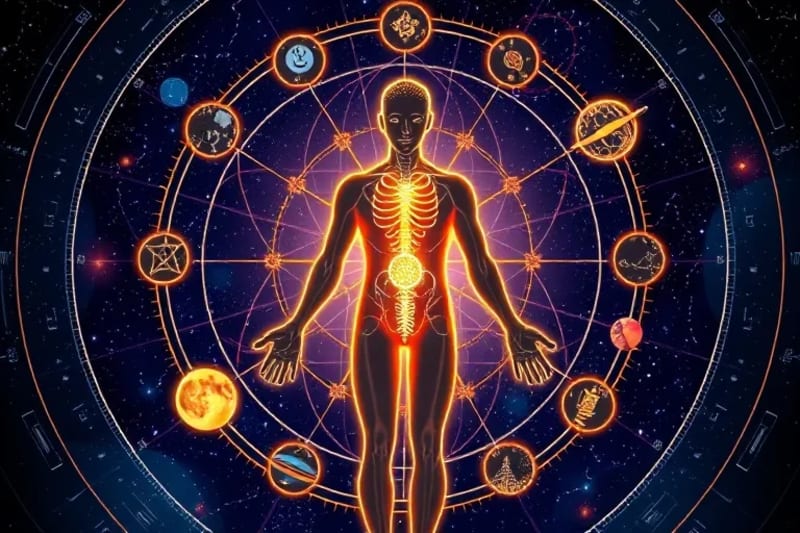 Ilustración de figura humana con chakras y símbolos planetarios conectados por líneas de energía