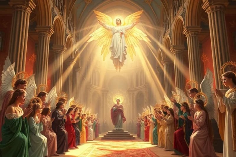 Pintura digital de la Corte Celestial con ángeles y santos en armonía