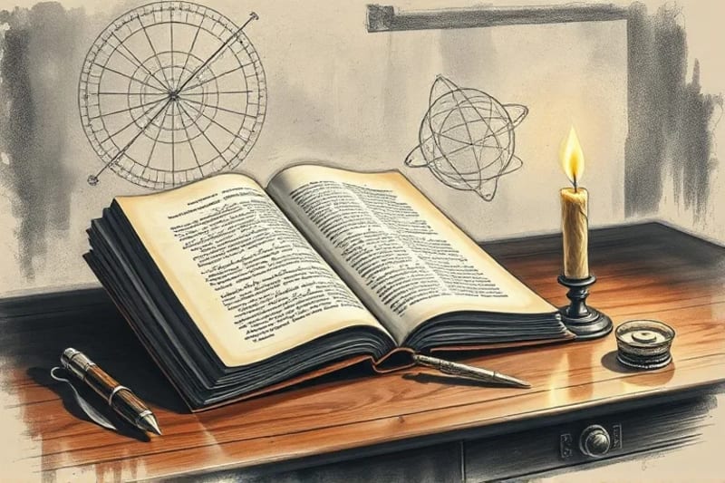 Pintura al óleo de un bodegón filosófico con libro, esfera celeste y vela