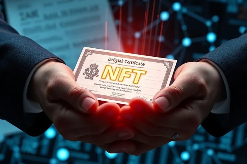 Manos entrelazando un candado digital con un certificado de autenticidad.